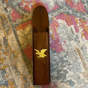 Mid-Century Modern Wooden Matchstick Holder W/ Gold Eagle Wall Mounted